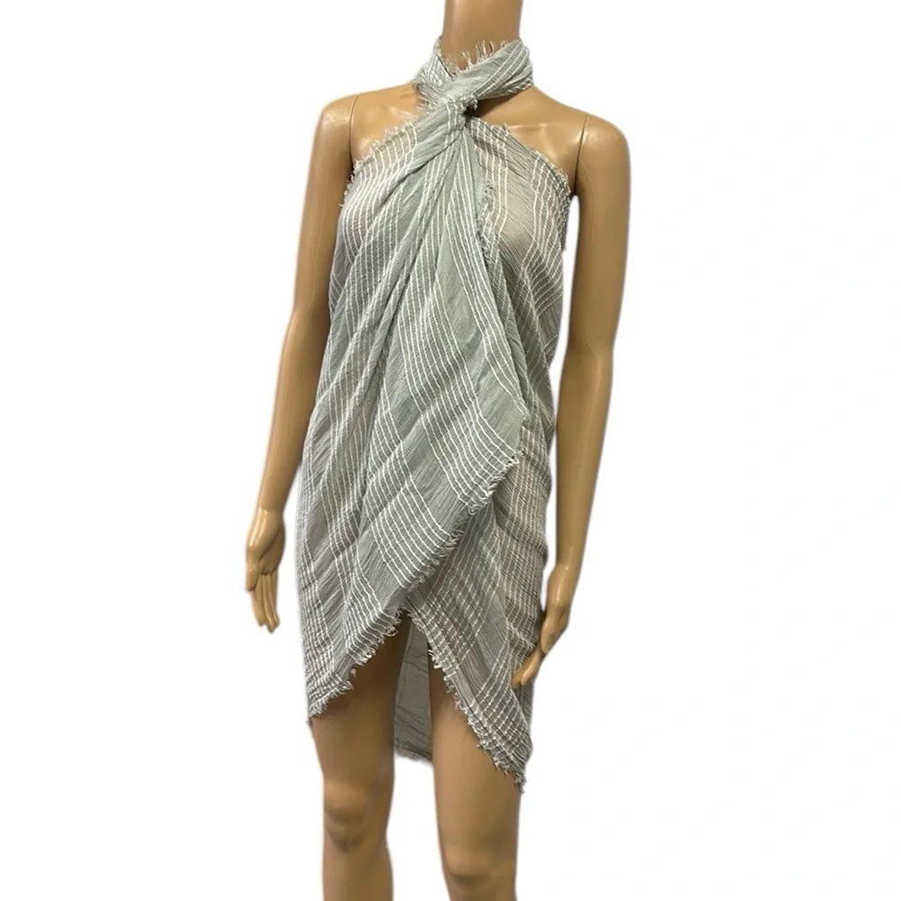 Light Green White Striped Blanket Scarf Wrap Sarong Coverup Raw Hem 32 x 80 Inch